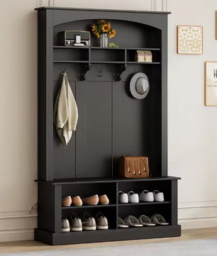 Zwarte Halbank met Kapstok en Schoenkast – 190x120x40 cm