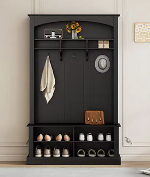 Zwarte Halbank met Kapstok en Schoenkast – 190x120x40 cm