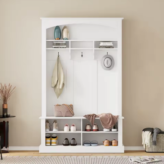 Zwarte Halbank met Kapstok en Schoenkast – 190x120x40 cm