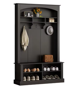 Zwarte Halbank met Kapstok en Schoenkast – 190x120x40 cm