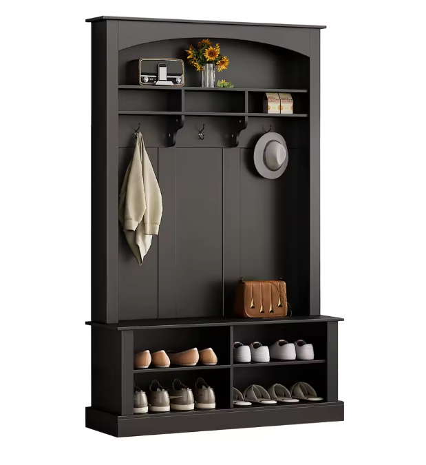 Zwarte Halbank met Kapstok en Schoenkast – 190x120x40 cm