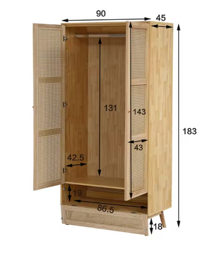 Rattan Opbergkast met Kledingroede – 2-Deurs Garderobekast 90×45×183 cm