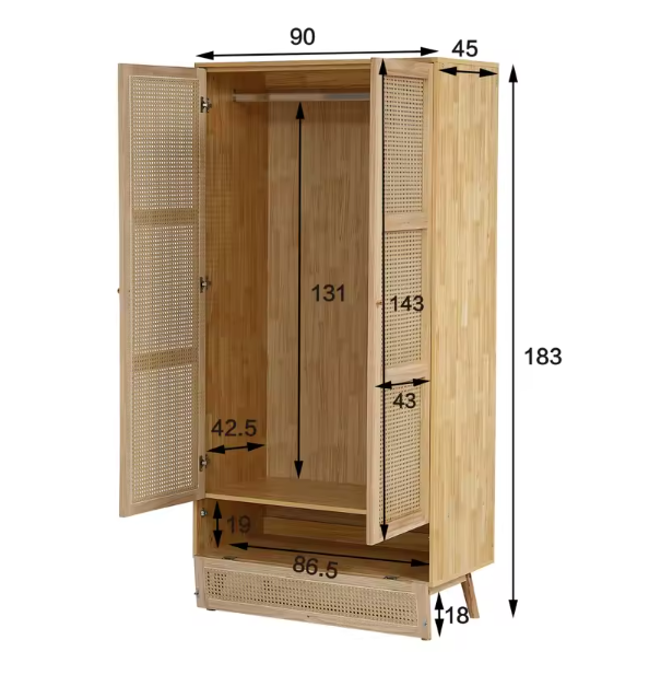 Rattan Opbergkast met Kledingroede – 2-Deurs Garderobekast 90×45×183 cm