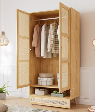 2-deurs Rotan Kledingkast met Kledingroede en Opbergruimte – Spaanplaat en PE-Rotan, Natuurlijk Design