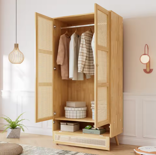 Rattan Opbergkast met Kledingroede – 2-Deurs Garderobekast 90×45×183 cm