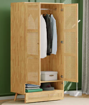 2-deurs Rotan Kledingkast met Kledingroede en Opbergruimte – Spaanplaat en PE-Rotan, Natuurlijk Design