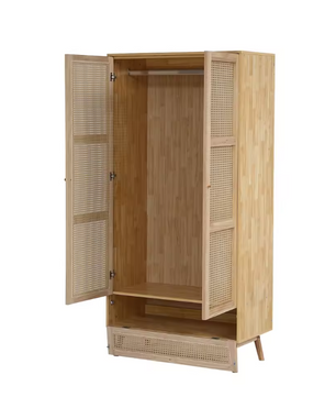2-deurs Rotan Kledingkast met Kledingroede en Opbergruimte – Spaanplaat en PE-Rotan, Natuurlijk Design