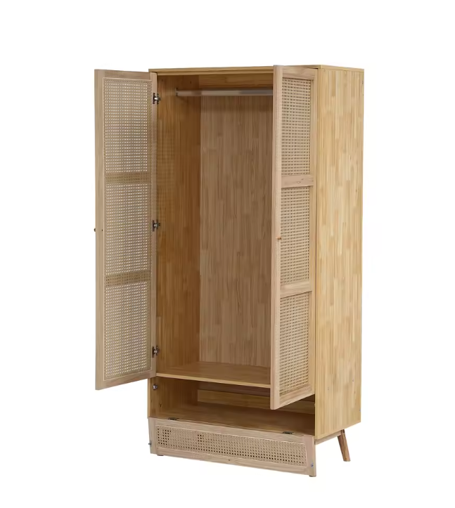 Rattan Opbergkast met Kledingroede – 2-Deurs Garderobekast 90×45×183 cm
