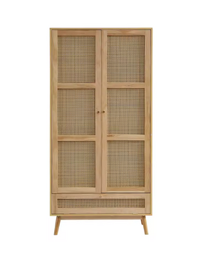 Rattan Opbergkast met Kledingroede – 2-Deurs Garderobekast 90×45×183 cm