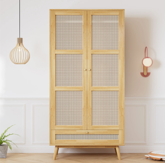 2-deurs Rotan Kledingkast met Kledingroede en Opbergruimte – Spaanplaat en PE-Rotan, Natuurlijk Design