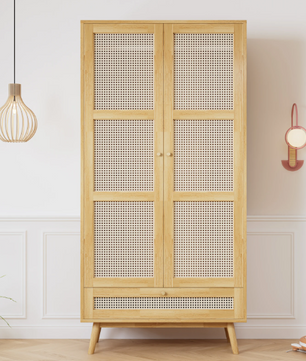 Rattan Opbergkast met Kledingroede – 2-Deurs Garderobekast 90×45×183 cm