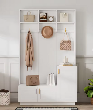 Witte Halmeubelset met Bank, Kapstok en Open Opbergruimte – Spaanplaat en Metaal, Modern en Functioneel