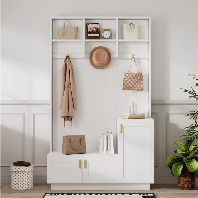 Witte Halmeubelset met Bank, Kapstok en Open Opbergruimte – Spaanplaat en Metaal, Modern en Functioneel