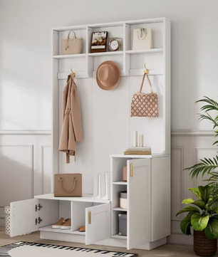 Witte Halmeubelset met Bank, Kapstok en Open Opbergruimte – Spaanplaat en Metaal, Modern en Functioneel