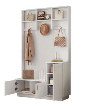 Witte Halmeubelset met Bank, Kapstok en Open Opbergruimte – Spaanplaat en Metaal, Modern en Functioneel