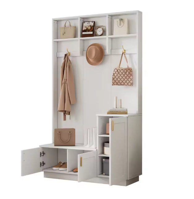 Witte Halmeubelset met Bank, Kapstok en Open Opbergruimte – Spaanplaat en Metaal, Modern en Functioneel