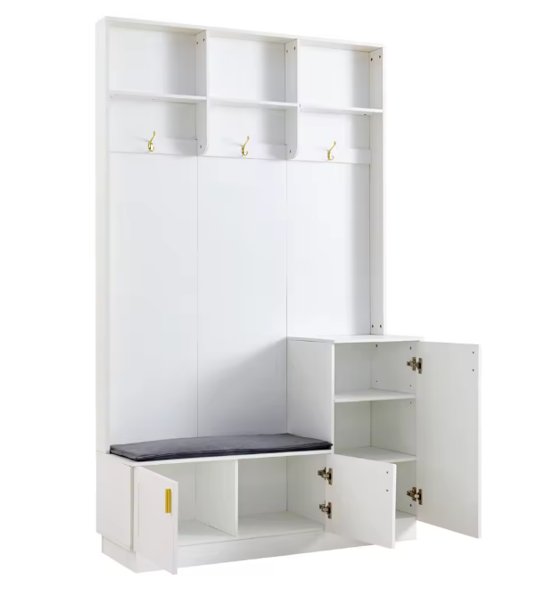 Witte Halmeubelset met Bank, Kapstok en Open Opbergruimte – Spaanplaat en Metaal, Modern en Functioneel