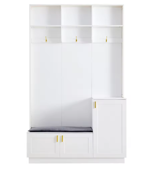 Witte Halmeubelset met Bank, Kapstok en Open Opbergruimte – Spaanplaat en Metaal, Modern en Functioneel