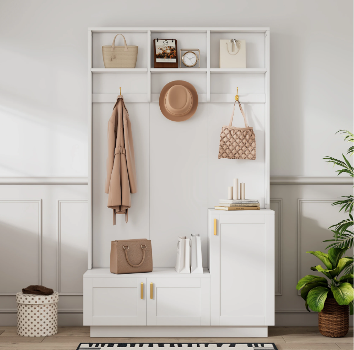 Witte Halmeubelset met Bank, Kapstok en Open Opbergruimte – Spaanplaat en Metaal, Modern en Functioneel