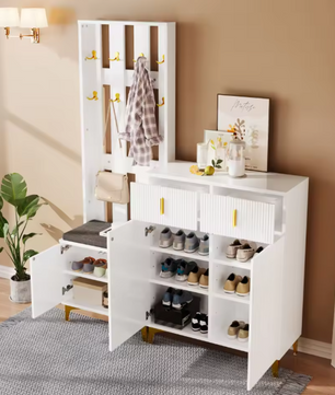 Witte Halmeubelset met Kapstok, Schoenenkast en Zitbank – Spaanplaat, Gouden Accenten en Modern Design