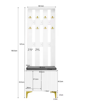 Witte Halmeubelset met Kapstok, Schoenenkast en Zitbank – Spaanplaat, Gouden Accenten en Modern Design