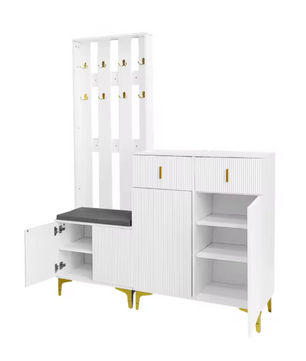 Witte Halmeubelset met Kapstok, Schoenenkast en Zitbank – Spaanplaat, Gouden Accenten en Modern Design