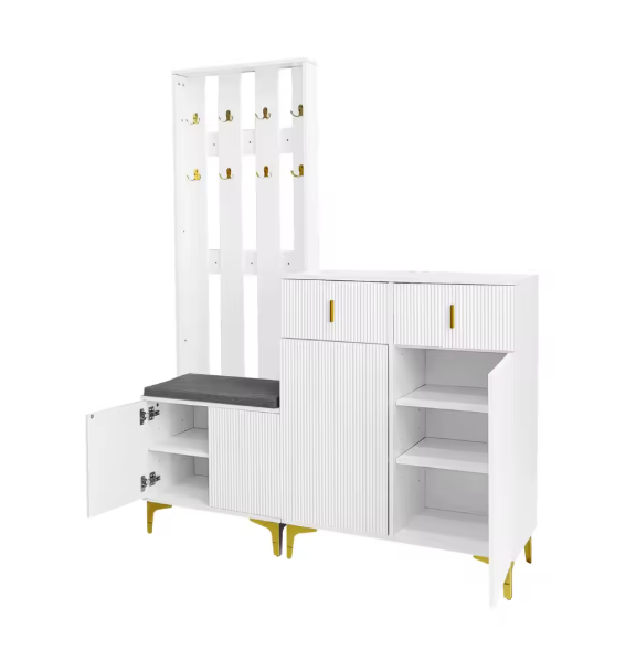 Witte Halmeubelset met Kapstok, Schoenenkast en Zitbank – Spaanplaat, Gouden Accenten en Modern Design