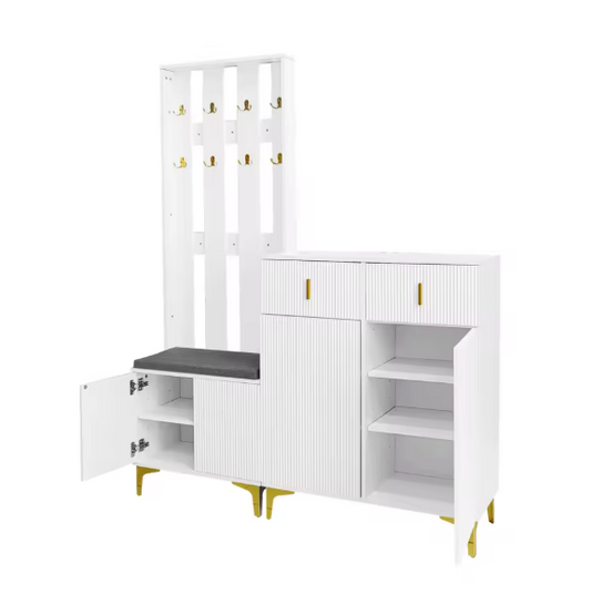 Witte Halmeubelset met Kapstok, Schoenenkast en Zitbank – Spaanplaat, Gouden Accenten en Modern Design