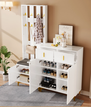 Witte Halmeubelset met Kapstok, Schoenenkast en Zitbank – Spaanplaat, Gouden Accenten en Modern Design