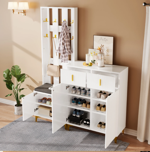 Witte Halmeubelset met Kapstok, Schoenenkast en Zitbank – Spaanplaat, Gouden Accenten en Modern Design