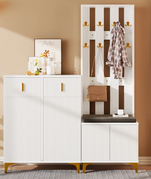 Witte Halmeubelset met Kapstok, Schoenenkast en Zitbank – Spaanplaat, Gouden Accenten en Modern Design