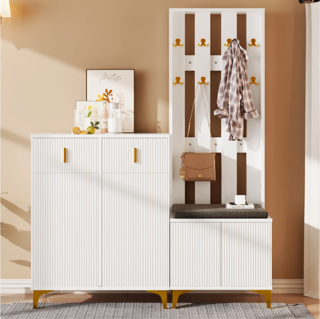 Witte Halmeubelset met Kapstok, Schoenenkast en Zitbank – Spaanplaat, Gouden Accenten en Modern Design