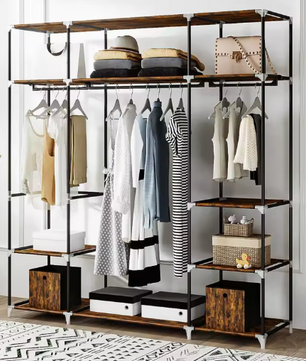 Vrijstaande Kledingkast met 3 Kledingroedes en Stoffen Planken – Metalen Frame en Open Ontwerp