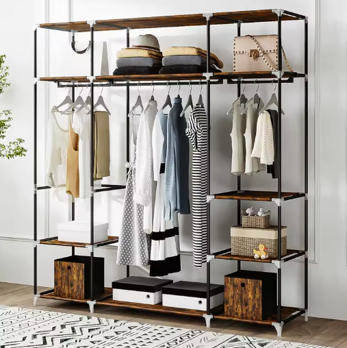Vrijstaande Kledingkast met 3 Kledingroedes en Stoffen Planken – Metalen Frame en Open Ontwerp