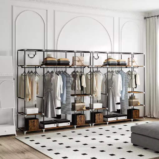 Vrijstaande Kledingkast met 3 Kledingroedes en Stoffen Planken – Metalen Frame en Open Ontwerp