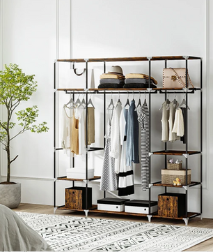 Vrijstaande Kledingkast met 3 Kledingroedes en Stoffen Planken – Metalen Frame en Open Ontwerp