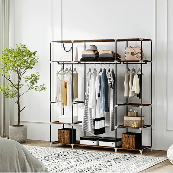 Vrijstaande Kledingkast met 3 Kledingroedes en Stoffen Planken – Metalen Frame en Open Ontwerp