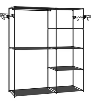 Zwarte Kledingkast met 8 Planken – Metalen Kledingrek en Kapstok met Haken