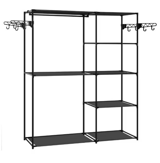 Zwarte Kledingkast met 8 Planken – Metalen Kledingrek en Kapstok met Haken