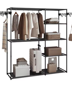 Zwarte Kledingkast met 8 Planken – Metalen Kledingrek en Kapstok met Haken