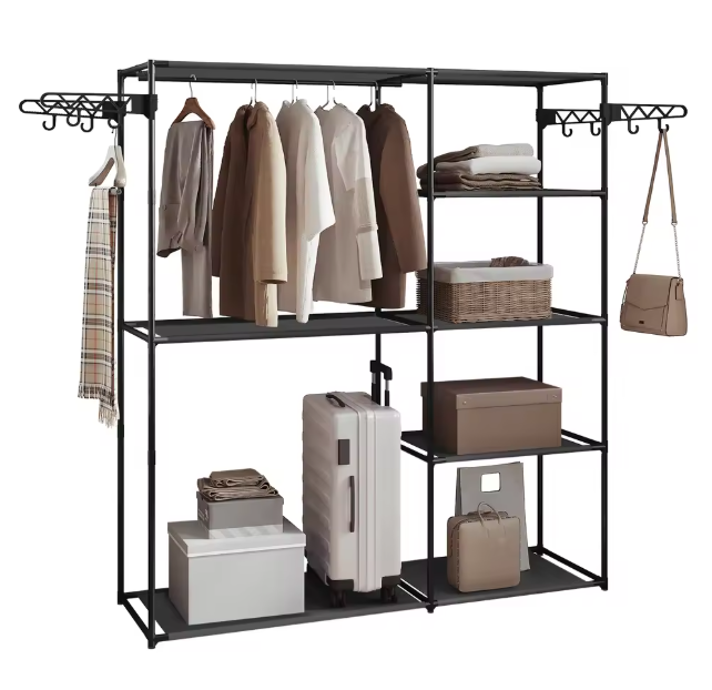 Zwarte Kledingkast met 8 Planken – Metalen Kledingrek en Kapstok met Haken