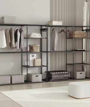 Zwarte Kledingkast met 8 Planken – Metalen Kledingrek en Kapstok met Haken