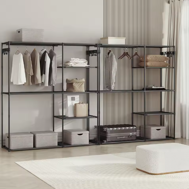 Zwarte Kledingkast met 8 Planken – Metalen Kledingrek en Kapstok met Haken