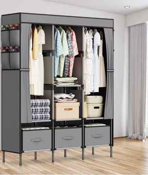 Opvouwbare Canvas Garderobekast – Stoffen Kledingkast met Planken en Kledingroede 130×45×170 cm