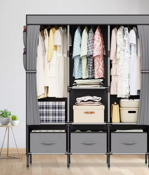 Opvouwbare Canvas Garderobekast – Stoffen Kledingkast met Planken en Kledingroede 130×45×170 cm