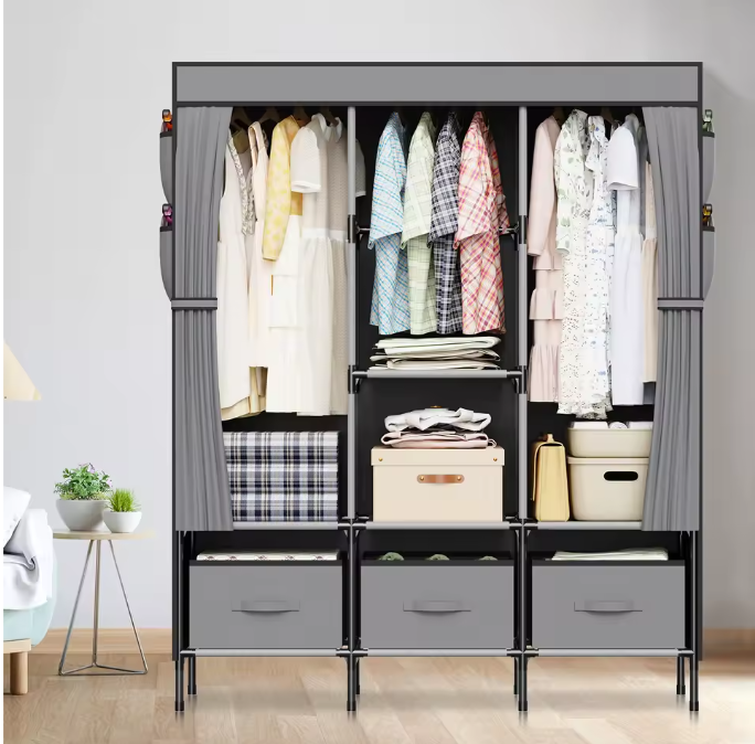 Opvouwbare Canvas Garderobekast – Stoffen Kledingkast met Planken en Kledingroede 130×45×170 cm