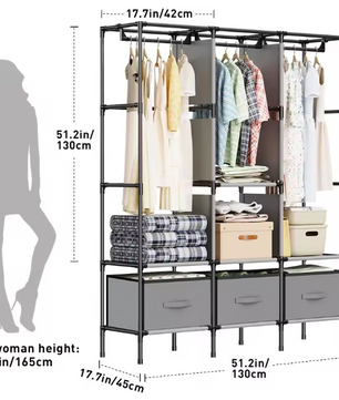 Opvouwbare Canvas Garderobekast – Stoffen Kledingkast met Planken en Kledingroede 130×45×170 cm