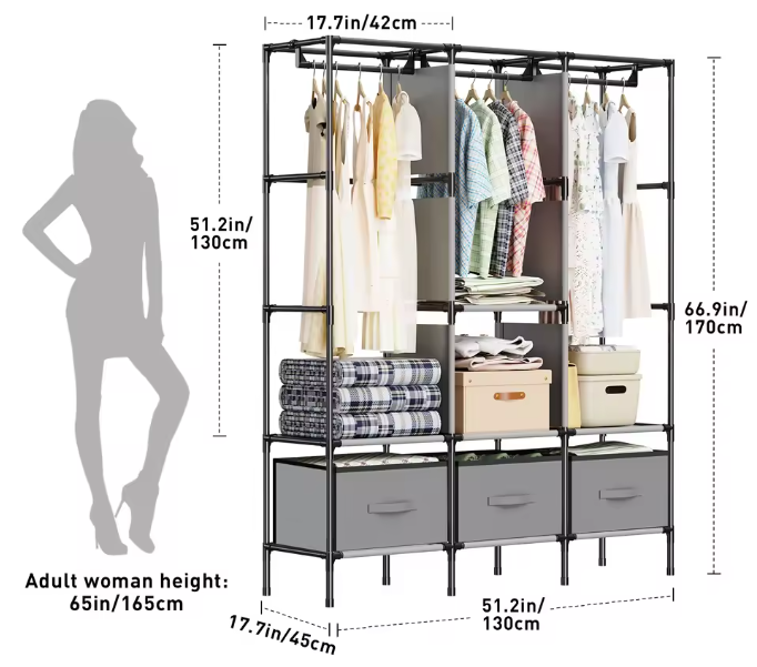 Opvouwbare Canvas Garderobekast – Stoffen Kledingkast met Planken en Kledingroede 130×45×170 cm