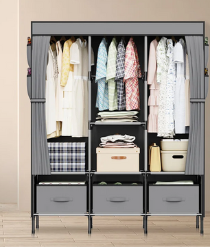 Opvouwbare Canvas Garderobekast – Stoffen Kledingkast met Planken en Kledingroede 130×45×170 cm