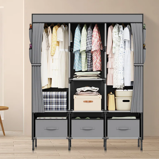 Opvouwbare Canvas Garderobekast – Stoffen Kledingkast met Planken en Kledingroede 130×45×170 cm